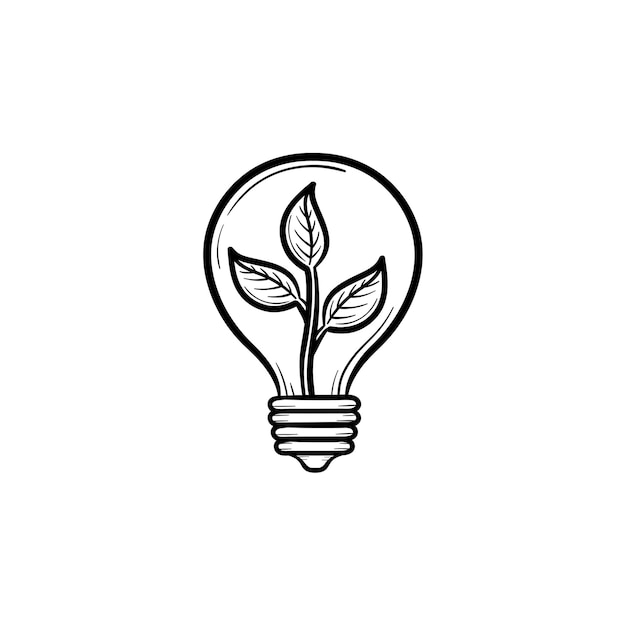 Ecology energy hand drawn vector icon. Outline doodle icon of a light bulb with plant. Sketch illustration for print, web, mobile and infographics isolated on white background.