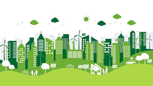 Ecology and environment with green city. renewable friendly energy sources sustainable.