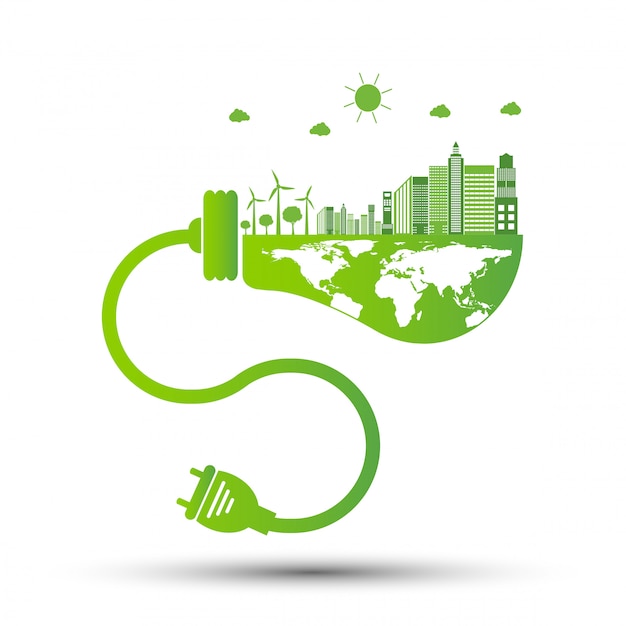 Ecology and Environmental Concept,Earth Symbol With Green Leaves Around Cities Help The World With Eco-Friendly Ideas,Vector Illustration