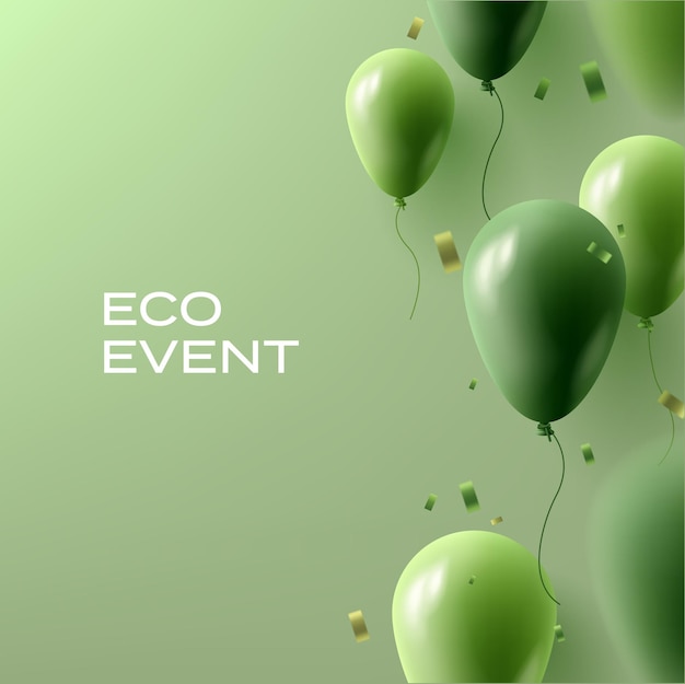 Ecology event flyer or invitation with green background and festive 3d realistic green balloons