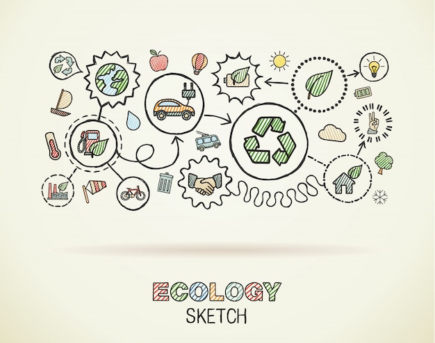 Vector ecology hand draw integrated icons set on squared paper. color  sketch infographic illustration. connected doodle pictograms. eco friendly, bio, energy, recycle, car, planet, green concepts