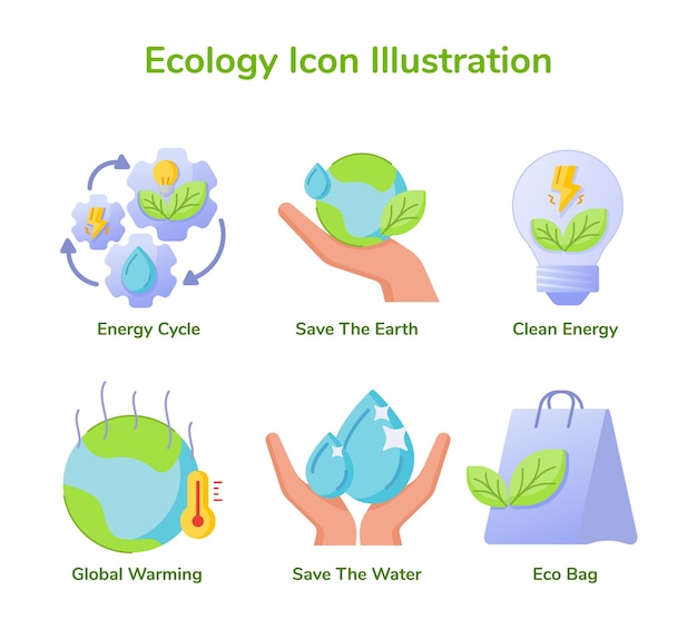 Ecology icon set collection energy cycle save earth clean energy global warming