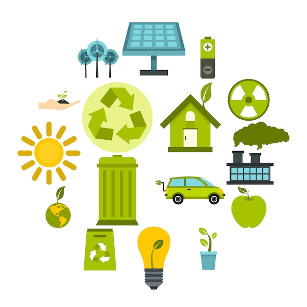 Ecology icons set in flat style. Environmental, recycling, renewable energy, nature elements set collection vector illustration