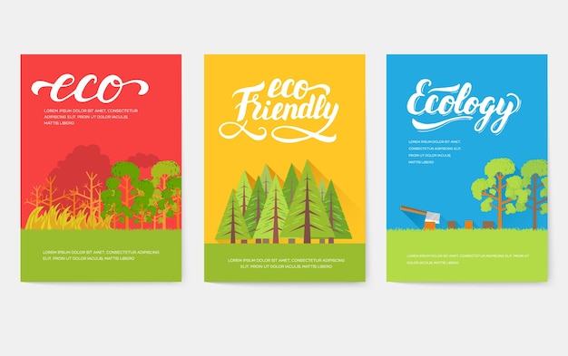 Ecology information cards set. Ecological template of flyear, magazines, posters, book cover, banners.