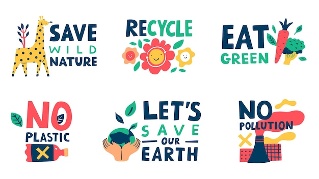 Ecology lettering Eco stickers with motivational appeals Green energy Save nature and Earth Vegetarianism lifestyle Recycle and zero waste Environment protection vector icons set