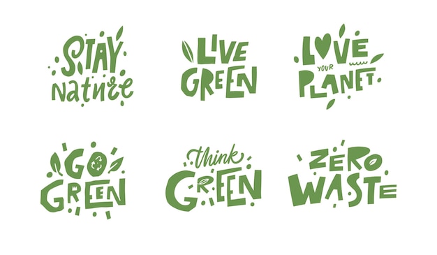 Ecology and nature lettering phrases set collection. Green color doodle style text.