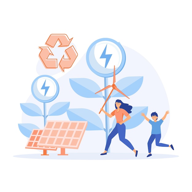 Ecology - Renewable energy. Solar panels, Wind turbines, Rain power. A young woman and a boy running. flat vector modern illustration