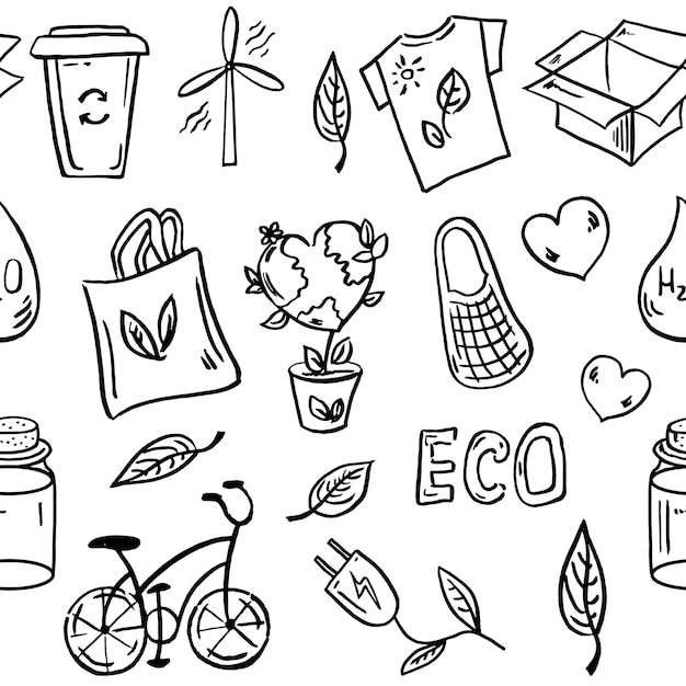 Vector ecology seamless pattern hand drawn doodle vector ecology recycling environmental symbols