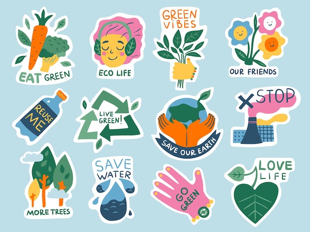 Ecology stickers Green lifestyle Eco and nature saving Slogan and environment elements Doodle style Vegan eating Stop pollution Waste recycle Vector Planet friendly labels set