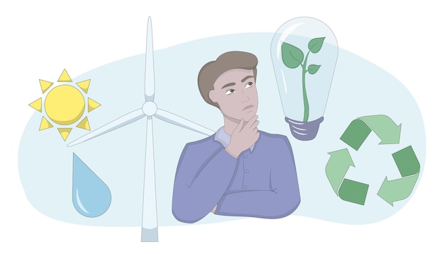 Ecology Thinking man Wind mill waterdrop clear water solar energy sun light bulb with a sprout inside green recycle arrows save the planet environment Vector illustration