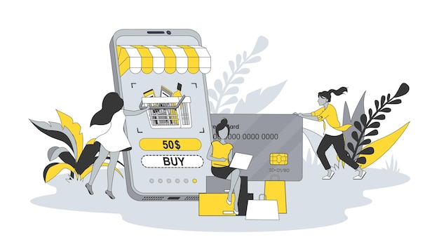 Ecommerce concept in flat design with people Women make purchases using store website and paying with credit card choose and receive goods Vector illustration with character scene for web banner