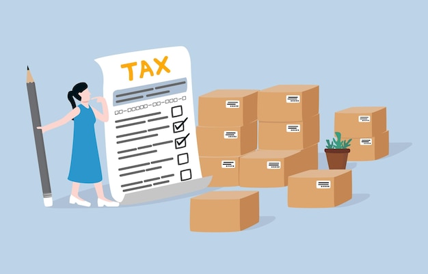 Ecommerce income tax concept Femail online seller standing near parcel boxes filling out tax form