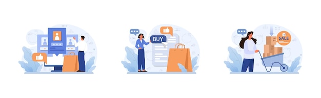 Vector ecommerce set online shopping character purchasing goods on a website or marketplace order or