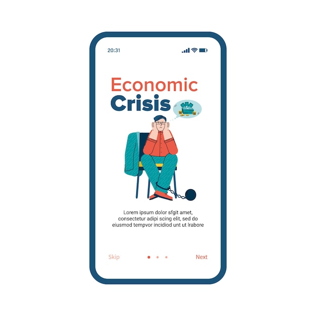 Economic crisis - finance app onboarding banner with sad cartoon man with ball and chain worried about money.  illustration of phone screen with bank application.