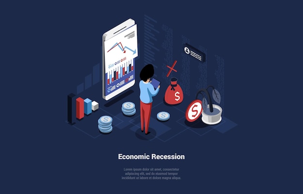 Economic Recession Concept Illustration. Isometric Vector Composition In Cartoon 3D Style. Serious Global Financial Problems, Character Standing Near Telephone, Diagrams, Charts And Information Around