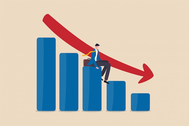 Economic recession, financial crisis or stock market crash. business owner sitting on falling down bar graph, red arrow.