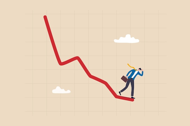 Economic recession stock market plunge or falling down cryptocurrency crash or financial crisis from inflation concept businessman investor standing on falling down red graph look for bottom