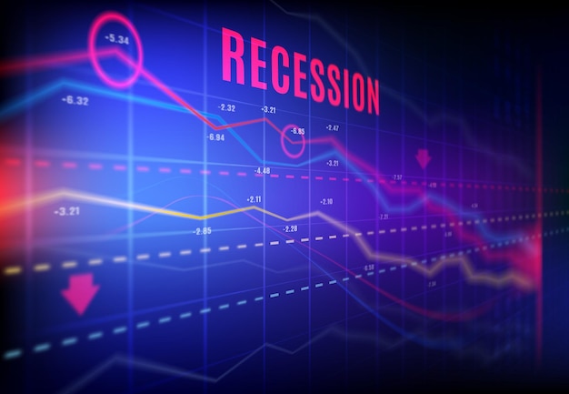 Economics recession, crashed stock market and trading loss vector graphs with indicators turned down, decline charts, red arrows. Blurred trading screen for finance crisis and business bankruptcy