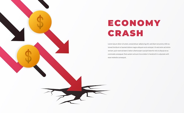 Vector economy crash inflation bankrupt financial crisis with downtrend arrow with dollar money concept with white background