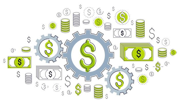 Economy system and business concept, gears and cogs mechanism with dollar signs and icon set, allegory design of systematic business and financial activity, vector illustration.