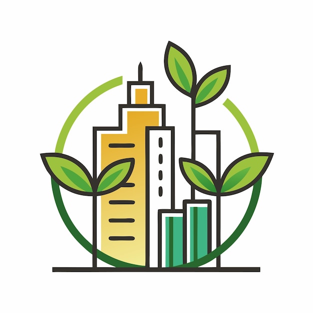 Vector ecostructure logo design merging plant elements with architectural building