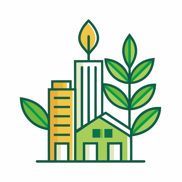 Vector ecostructure logo design merging plant elements with architectural building