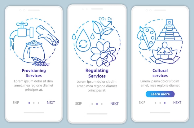 Ecosystem services blue onboarding mobile app page screen with linear concepts