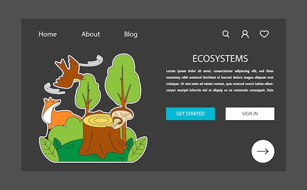 Vector ecosystem web banner or landing page dark or night mode wildlife and environment flora and fauna