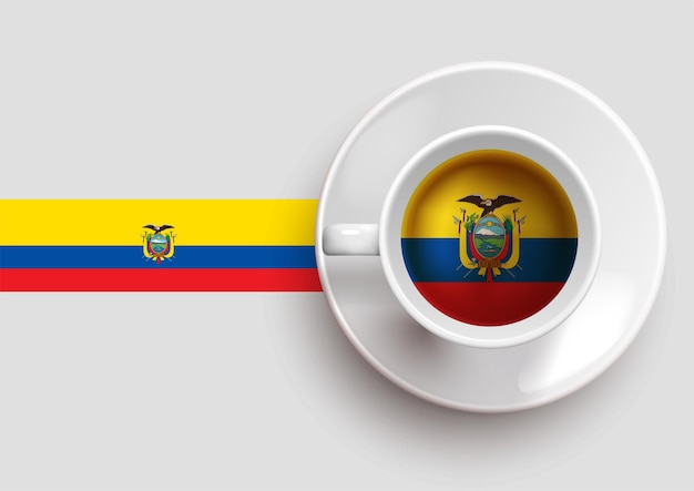 Ecuador flag with a tasty coffee cup on top view