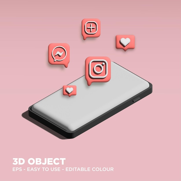 Editable 3D Instagram on white mobile phone mockup with 3d icons