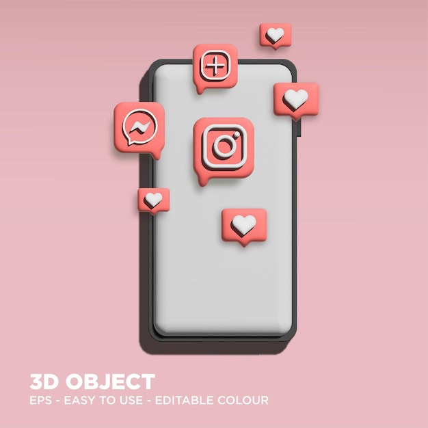 Editable 3D Instagram on white mobile phone mockup