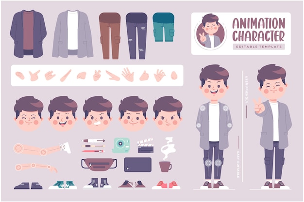 Vector editable animation flat design boy character template