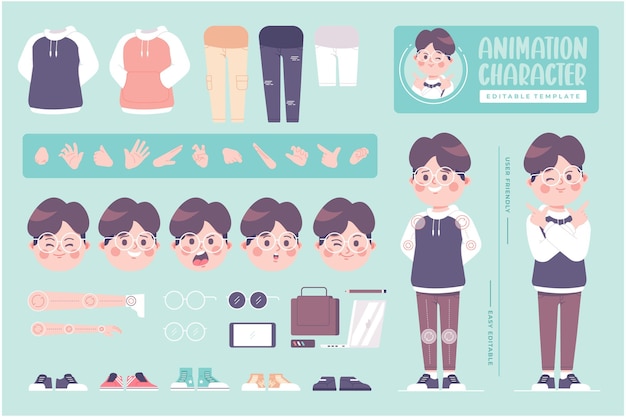 editable animation flat design geek boy character template