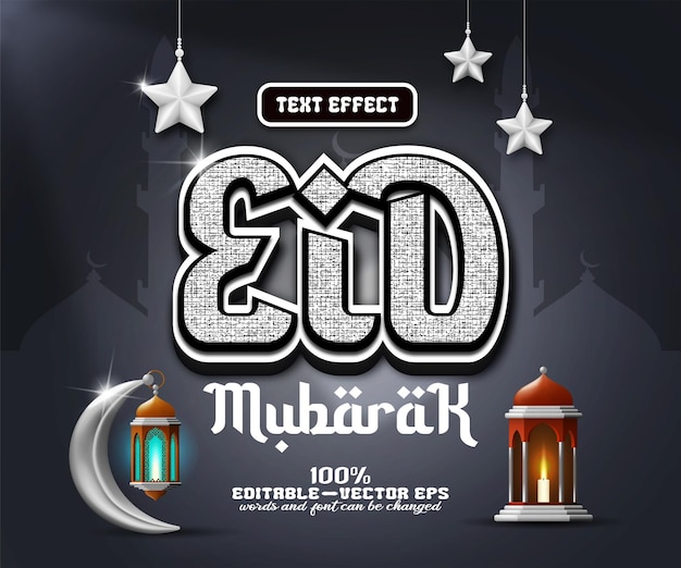 Editable eid mubarak text effect Textured black and white alphabet 3d style vector illustration