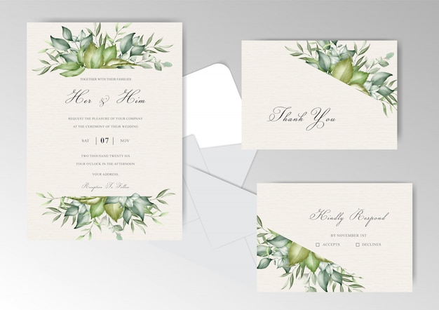 Editable Greenery Foliage Wedding Invitation Card set with Elegant Flower and leaves