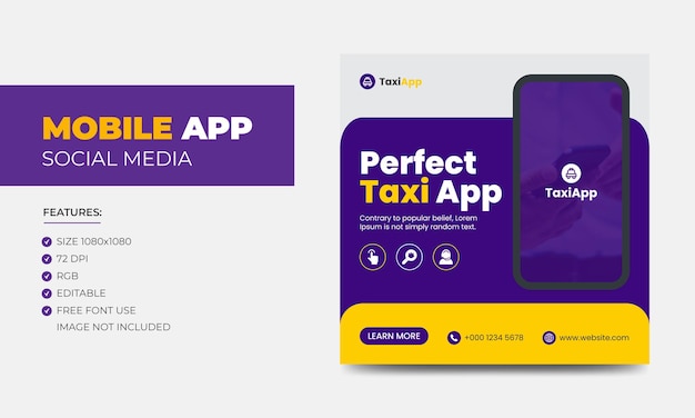 Editable Mobile app marketing social media post banner template Taxi app social media post