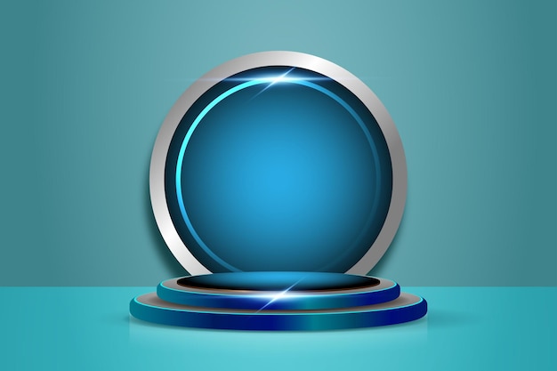 Editable realistic double 3D blue podium with circle background vector illustration