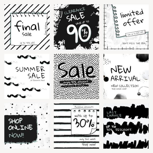 Editable sale template vector with ink brush pattern set