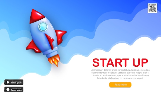 Editable template of startup banner with 3d cartoon rocket flying in blue sky with white clouds.