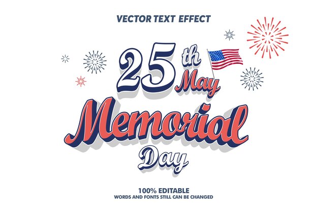 Vector editable text effect 25th day usa memorial day cartoon style premium vector