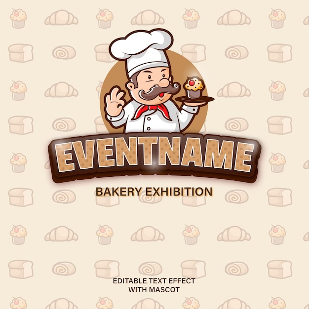 Editable text effect bakery exhibition with mascot