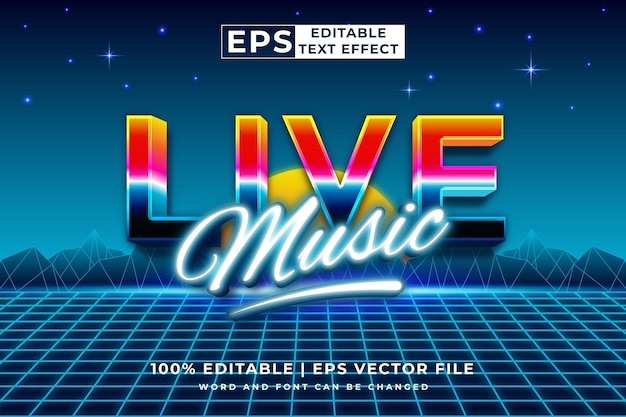 Editable text effect Live Music Retro 3d 80s template style premium vector