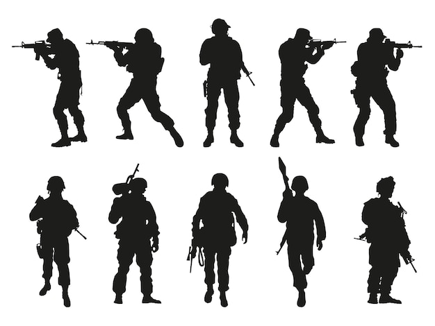 Editable vector foreground silhouettes of standing soldiers on patrol with shapes as small elements