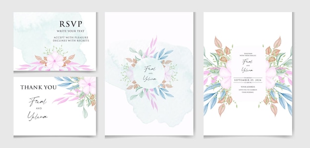 Vector editable vector set of beautiful floral and botanic wedding watercolor invitation card template with