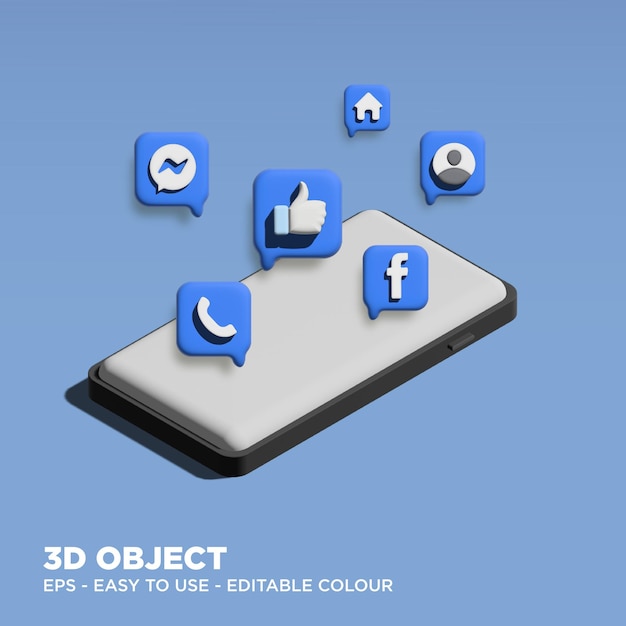 Editablle 3D Facebook on mobile phone mockup with 3D icons