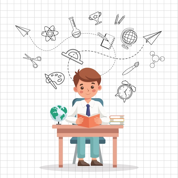 Education concept banner Cute schoolboy sitting at his desk and studying on a checkered background