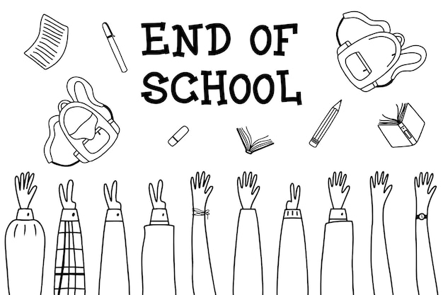 Education concept End of school Graduates throw school objects into the air Vector illustrationDoodle style