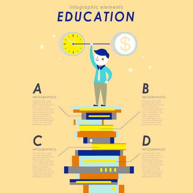 Education concept flat design with a student stands on piles of book