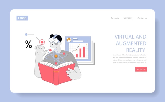 Vector education concept a man experiencing augmented reality through a headset while studying from a book