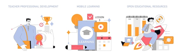 Vector education concept set teacher development mobile learning and open educational resources engaging in